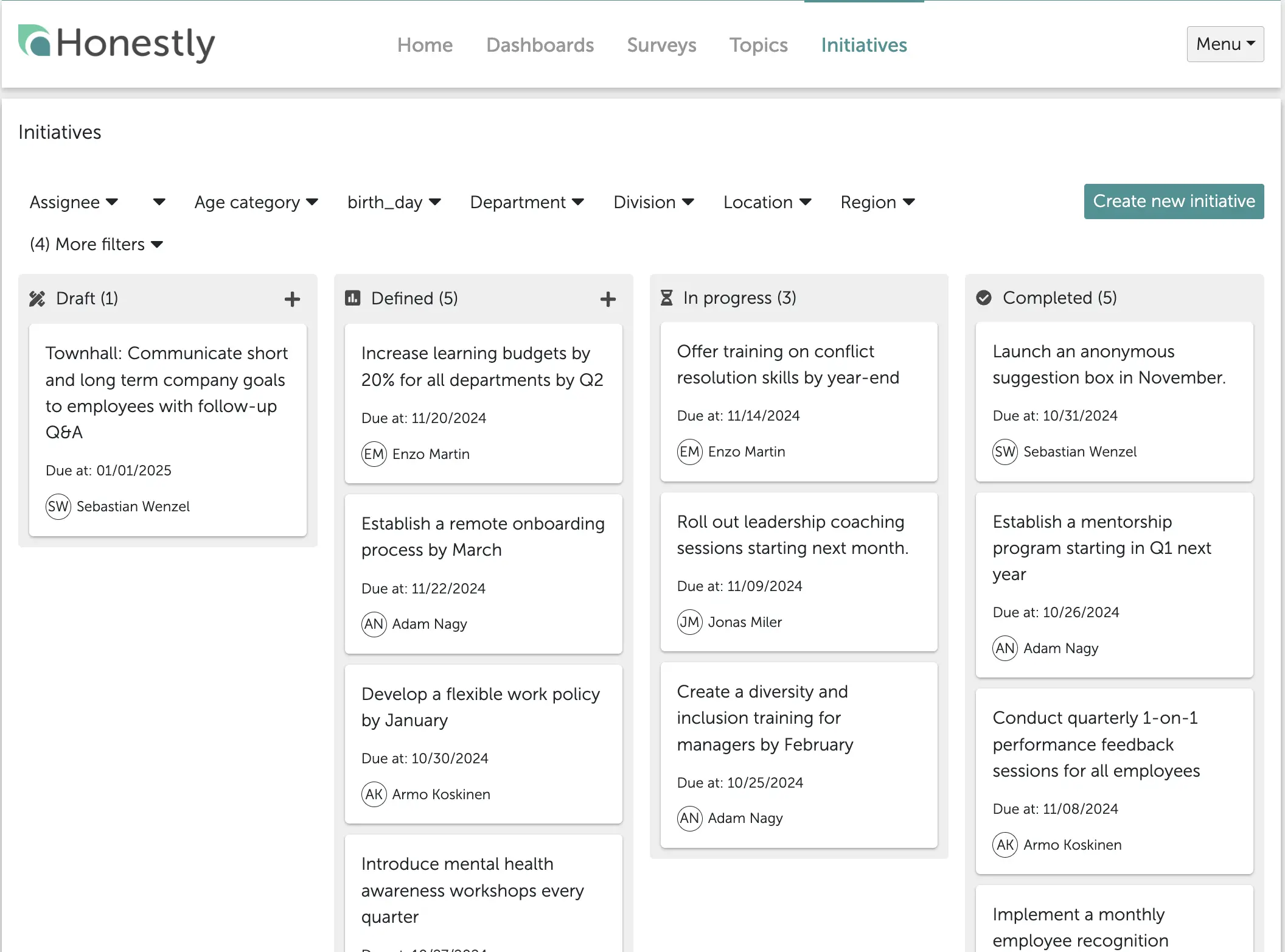 Survey initiatives dashboard Honestly