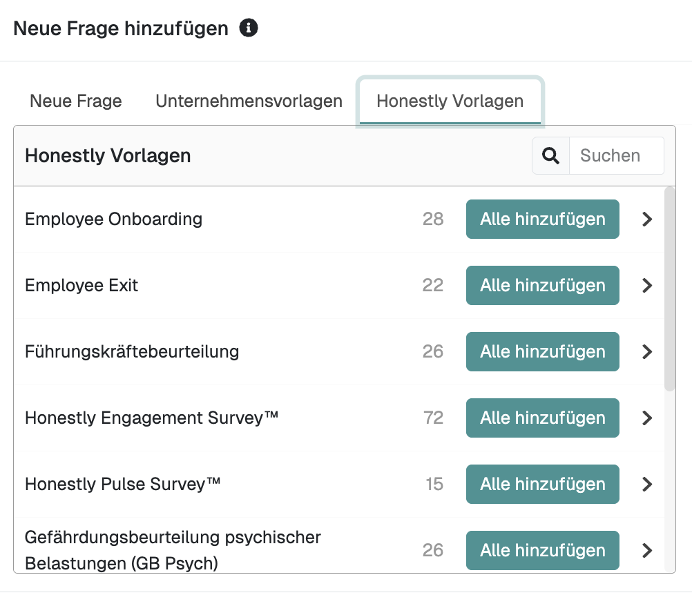 Screenshot der Honestly-Vorlagenübersicht